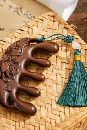 Green Sandal Wood Comb with Lotus Design Chinese Carved Comb