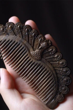 Green Sandal Wood Comb with Peacock Train Design Traditional Chinese Artisan Craftsmanship