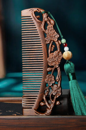 Green Sandal Wood Ccomb with Plum Blossom Design Vintage Chinese Wooden Hair Comb - Beautifully Crafted for Natural Hair Care
