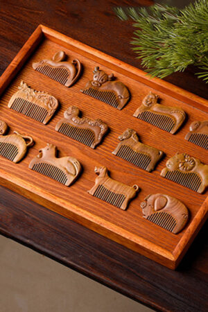 Green Sandal Wood Comb with Twelve Zodiac Animal Design Chinese Zodiac Animal Carved Wooden Combs